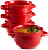 Kook French Onion Soup Crocks with Handles, Ceramic Bowls, for Rice, Dessert, Pasta, Dishwasher, Microwave, Oven & Broil Safe, Set of 4, 18 oz, (Red)