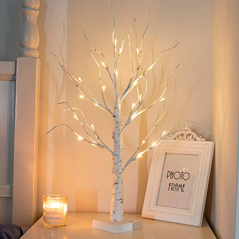 PEIDUO 24 2FT 24LT Lighted Birch Tree Battery Powered Timer Warm White LED Artificial Branch Tree for Home Party Festival Wedding Decor, 2FT Table Tree Lamp