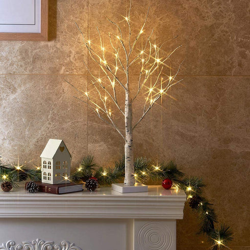 PEIDUO 24 2FT 24LT Lighted Birch Tree Battery Powered Timer Warm White LED Artificial Branch Tree for Home Party Festival Wedding Decor, 2FT Table Tree Lamp