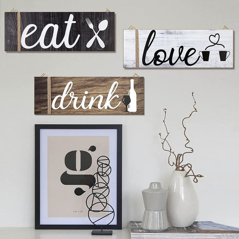 9PCS Kitchen Wall Decor Wooden Home Signs, Rustic Love Drink Eat Signs Kitchen Decor Home Wall Plaque with Hanging Hole and Invisible Nails, Kitchen Art Dining Room Bar Cafe Decoration