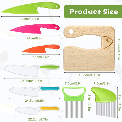9 Pieces Wooden Kids Kitchen Knife, Include 6 Pieces Kids Plastic Knife Wooden Kids Knife Potato Slicers and Onion Slicer Wood Kids Knife Kids Plastic Knife for Kitchen (Fish Style)