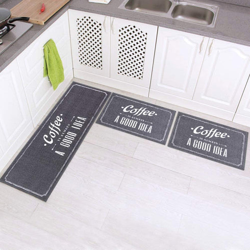 Carvapet Non-Slip Kitchen Mat Set Rubber Backing Doormat Runner Rug Set, Coffee Design (Grey 15"x47"+15"x23"+15"x23")