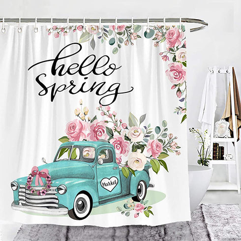 Wencal Hello Spring Truck Floral Shower Curtain Load of Flowers Bathroom Decor with Hooks 72 x 72 Inches