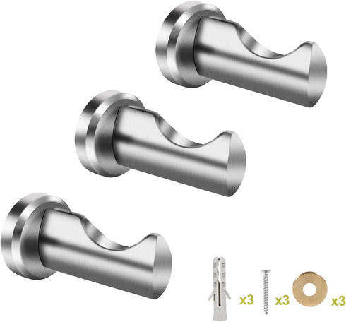 Bath Towel Hooks Brushed Nickel 3 Packs, Modern Wall Mount Bathroom Door Hooks for Hanging Towels Wall Hooks Stainless Steel Heavy Duty Clothes Coat Robe Hand Towel Hook Rack (Brushed Nickel)
