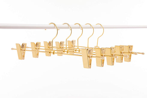 Cocomaya 13 Inch Heavy Duty Shiny Gold Metal Slack Hanger, Pants Hanger, Skirt Hanger with Adjustable Clips (Gold, 10)
