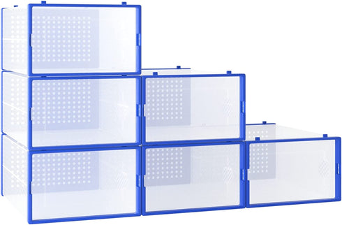 6-Pack Shoe Storage Boxes - Shoes Organizer for Closet - Clear Plastic Stackable Shoe Containers - Clear Shoe Boxes Stackable and Foldable For Sneaker Storage, Books, Toys, Tools Blue