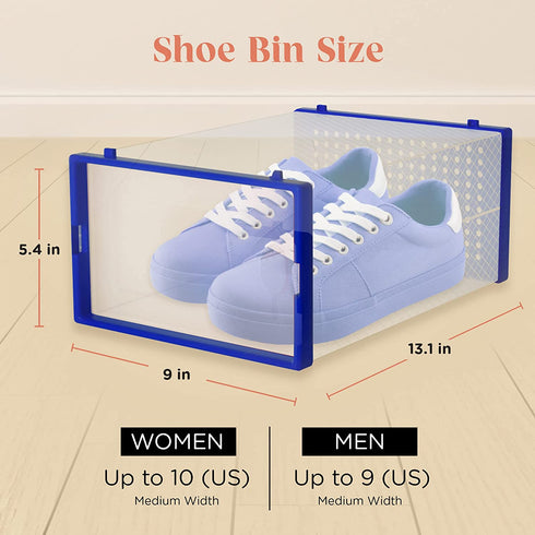6-Pack Shoe Storage Boxes - Shoes Organizer for Closet - Clear Plastic Stackable Shoe Containers - Clear Shoe Boxes Stackable and Foldable For Sneaker Storage, Books, Toys, Tools Blue