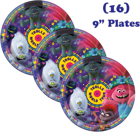 Trolls Theme Birthday Party Supplies - Serves 16 - Tablecover, Plates, Cups, Napkins, Candles