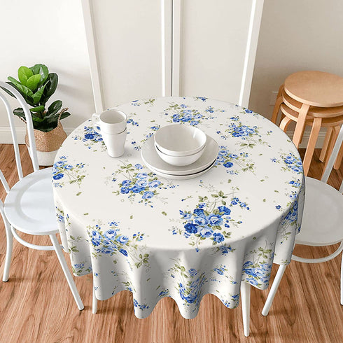Spring Summer Blue Floral Tablecloth Round 60 Inches Elegant Watercolor Flower Tablecloth Polyester Washable Table Cover Table Cloth for Kitchen Dining Room Outdoor Picnic Patio Party