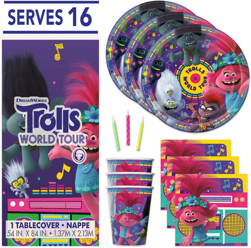 Trolls Theme Birthday Party Supplies - Serves 16 - Tablecover, Plates, Cups, Napkins, Candles