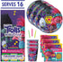 Trolls Theme Birthday Party Supplies - Serves 16 - Tablecover, Plates, Cups, Napkins, Candles