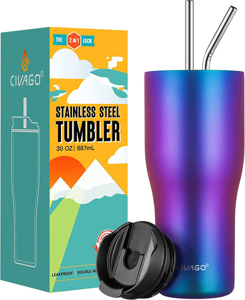 CIVAGO 30 oz Tumbler with Straw and Lid (2-IN-1 Lid), Stainless Steel Insulated Vacuum Coffee Tumbler Cup, Double Wall Leakproof Travel Mug, Starry Purple