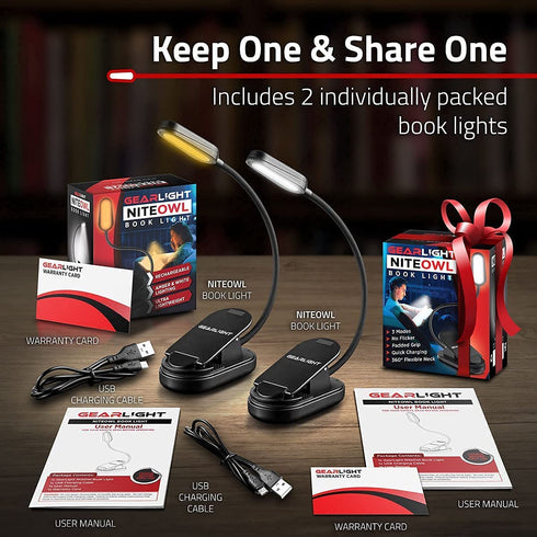 GearLight NiteOwl Book Light for Reading in Bed - 2 Small, Rechargeable LED Clip on Lights with 3 Lamp Modes and 360-Degree Adjustable Neck to Read at Night?
