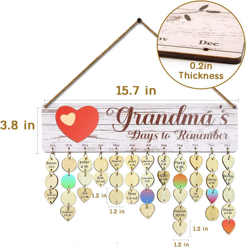 Mothers Day Gifts for Grandma, Wooden Birthday Calendar Board, Grandma's Birthday Reminder Tracker Plaque, Mother's Day Gift for Nana Grandparents from Grandkids