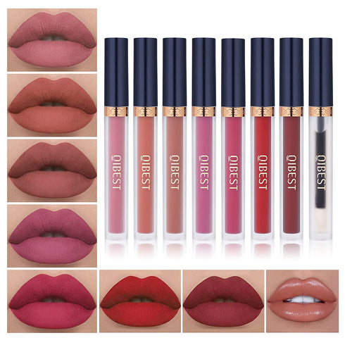 QiBest 7Pcs Matte Liquid Lipstick + 1Pcs Lip Plumper Makeup Set Kit, Long Lasting Waterproof Lip Gloss Set Pigmented Velvet Lip Makeup Gift Sets for Girls and Women(Passion Red)