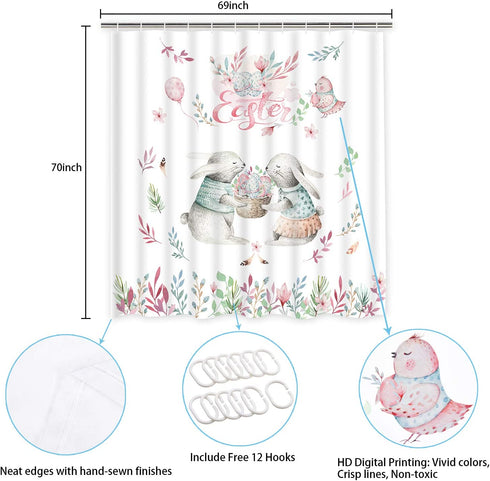 Happy Easter Day Shower Curtain with 12 Hooks, Cute Rabbits and Easter Eggs Shower Curtain, Waterproof Durable Flower Plant Shower Curtain for Easter Day Bathroom Decoration
