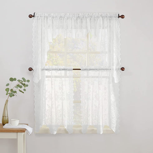 No. 918 Alison Sheer Lace Kitchen Curtain Swag Pair, 58 in x 38, White