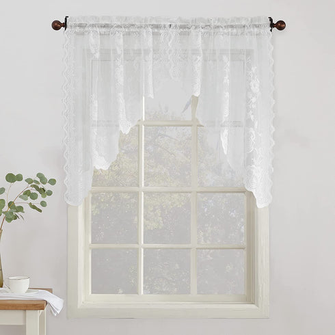 No. 918 Alison Sheer Lace Kitchen Curtain Swag Pair, 58 in x 38, White