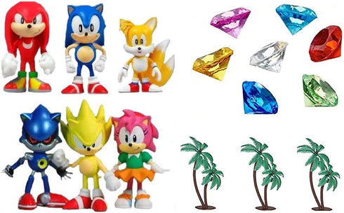 Classic Sonic and Friends 15 Piece Figure Play Set Featuring Sonic Figures, Themed Palm Trees and Sonic Themed Gems