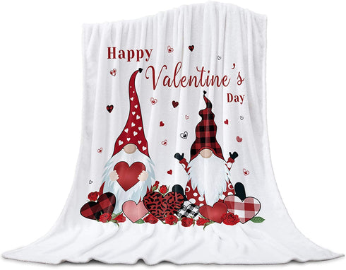 FortuneHouse8 Gnome Valentines Day Blanket Sweet Gnome with Rose Super Soft Warm Cozy Throw Blankets Love Heart Buffalo Check Bed Couch or Car Blanket for Children Adult Travel All Reason 40" x 50"