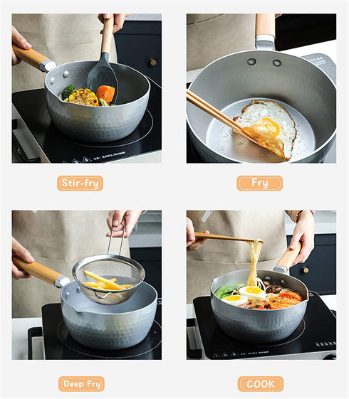 ICUUK Nonstick Saucepan 2.2-Quart Traditional Japanese Yukihira Saucepan With Wooden Handle And Silicone Mixing Spoon,Multipurpose Pot, Aluminum Alloy, Silver (7.9 inch)