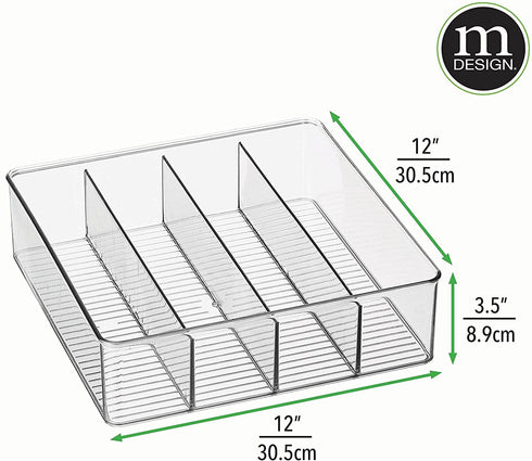mDesign Plastic Divided Drawer Organizer Storage Bin for Home Office, Desk Drawer, Shelf, Cabinet - 4 Compartments, 12" Long + 32 Adhesive Labels - Clear