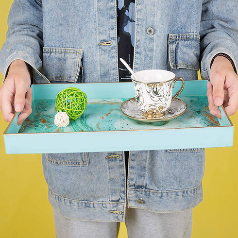 MAONAME Plastic Decorative Tray, Rectangular Marbling Tray with Handles, Coffee Table Serving Tray for Ottoman, Bathroom, Storage | 15.7" Lx 10.2" W X 1.57" H