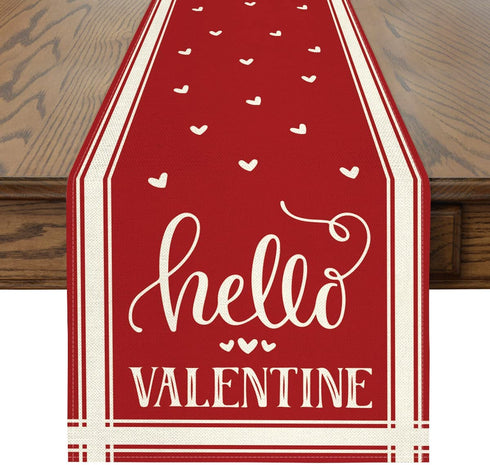 Artoid Mode Elegant French Stripe Hearts Love Hello Valentine's Day Table Runner, Seasonal Anniversary Wedding Holiday Kitchen Dining Table Decoration for Indoor Outdoor Home Party Decor 13 x 72 Inch
