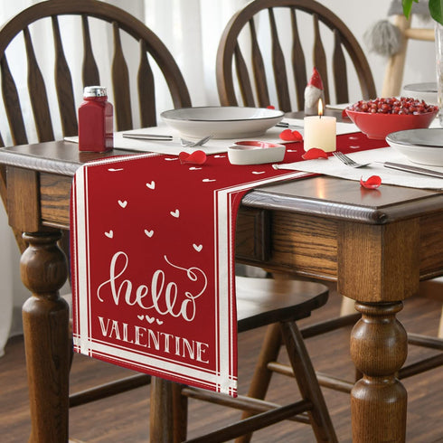 Artoid Mode Elegant French Stripe Hearts Love Hello Valentine's Day Table Runner, Seasonal Anniversary Wedding Holiday Kitchen Dining Table Decoration for Indoor Outdoor Home Party Decor 13 x 72 Inch