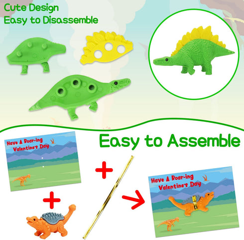 28 PCS Dinosaur Erasers Valentines Day Gifts Cards for Kids Classroom School, 3D Mini Puzzle Pencil Erasers Bulk Toys Kids Valentines Day Exchange Gift Cards for Boys Girls Valentine Party Favors