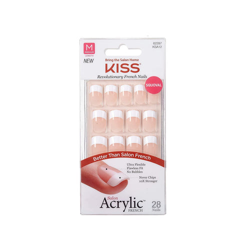 KISS Salon Acrylic French Nail Manicure Set, Medium Length, Squoval, “ Rumour Mill”, Nail Kit Includes Pink Gel Nail Glue (Net Wt. 2 g / 0.07oz.), Mini File, Manicure Stick, and 28 Fake Nails
