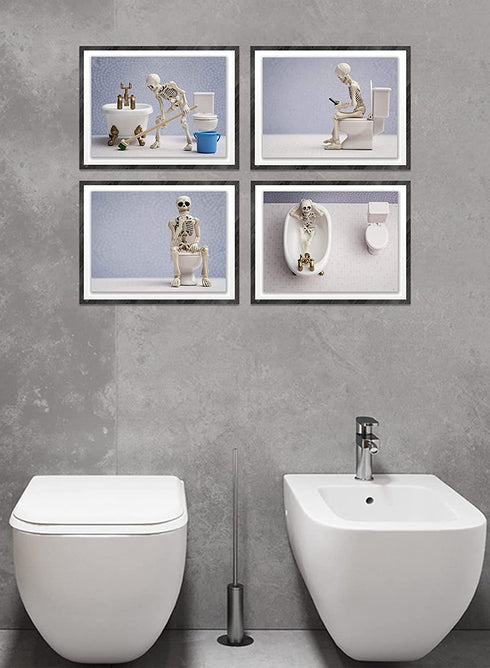 Skeleton Bathroom Prints - Funny Hipster Skull and Bones Wall Art Decor - Set of 4 (8 x 10) Photos