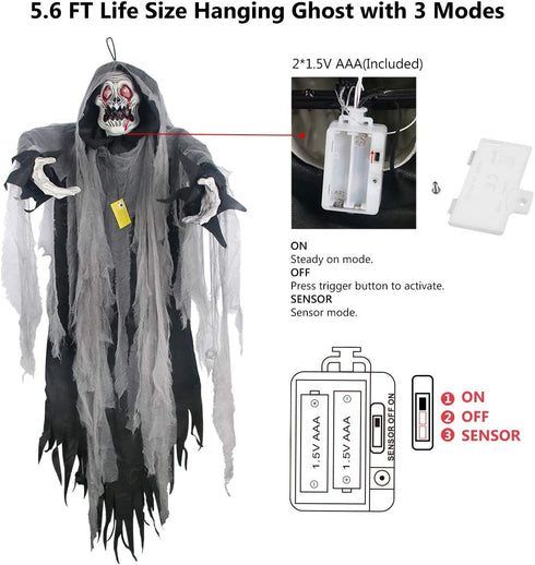 Halloween Hanging Ghost, 5.5 Ft Large Life size Halloween Prop Skull with LED Glowing Eyes and Creepy Shrilling Sound Scary Grim Reaper with Detachable Bendable Arms Perfect for Halloween Party Decor