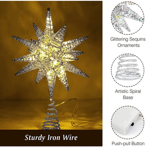Lewondr Christmas Tree Topper, Battery Powered 3D Geometric Star Decorative LED Lights Bright Star Lighting with Springy Base for Holiday Xmas Tradition Moravian Tree Christmas Decor - Silver