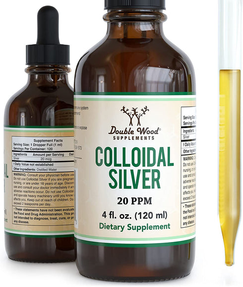 Colloidal Silver Liquid 20 PPM - 4 Fl OZ (Plata Coloidal with Dropper) 99.9% Pure, Manufactured in The USA, Gluten Free, Non-GMO by Double Wood Supplements
