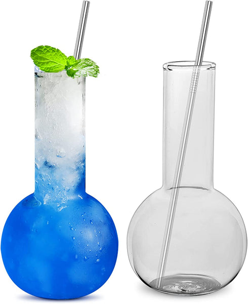 Creative Tube Cocktail Glass Set of 2 -14oz Distilling Flask Clear Glass for Cocktail Martini Tequila Margarita for Party, Home Bar or Gift
