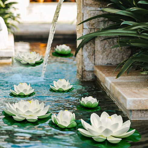 8Pcs Artificial Floating Lotus Decor with Lily Pad, Ivory White Plastic Foam Lotus Flowers with Water Lily Pad, Realistic Lotus Flower for Garden Koi Fish Pond Aquarium Pool Wedding Decor