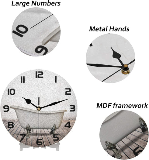 Wall Clock Vintage Bathtub Round Hanging Clock, 10 Inch Silent Non-Ticking Battery Operated Quartz Analog Quiet Desk Clock for Home, Kitchen, Bathroom Office, Living Room or School