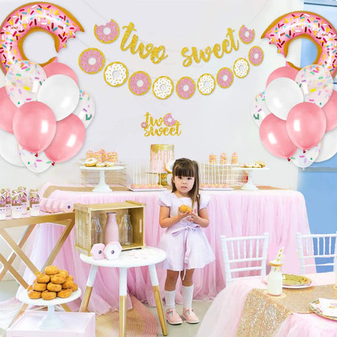 Two Sweet Donut Party Decoration Baby Second Birthday Glitter Doughnut Banner Cake Topper Sprinkles Balloons Kids Party Favor Ideas Supplies