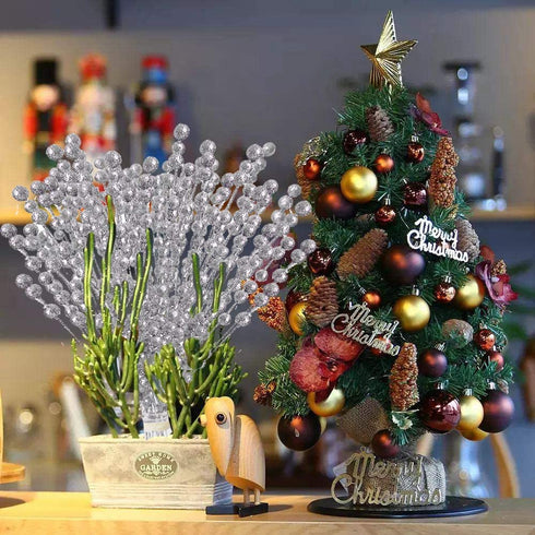 IDOXE Silver Berries,100Pack Artificial Stems Christmas Tree Decorations, Fake Christmas Picks Glitter Sticks DIY Wreath Crafts Gift Fireplace Holiday Home Decor, 11.8Inch (Silver)