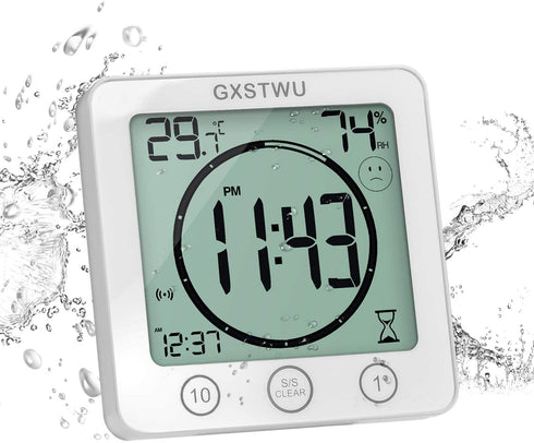 HD Digital Shower Clock with Timer Thermometer Hygrometer?Waterproof for Water Spray? Touch Button Bathroom Kitchen Wall Clock with Magnet, Suction Cup, Hanging Hole, Stand GXSTWU(1pack)