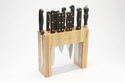 11 Slot Bamboo Knife Block w/ Magnetic Sides - Thomas Grace Homewares Kitchen Universal Knife Holder Organizer (KNIFE BLOCK WITHOUT KNIVES). Magnetic Knife Block Strip Boosts Storage to 15 Knives
