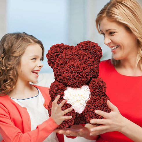 FERVENT LOVE Gifts for Her Women 16" Rose Bear Valentines Day Gifts for Her/Wife Wine Red Rose Teddy Bear with Heart Artificial Flowers Bear with Gift Box Heart-Shaped Ballon and Greeting Card