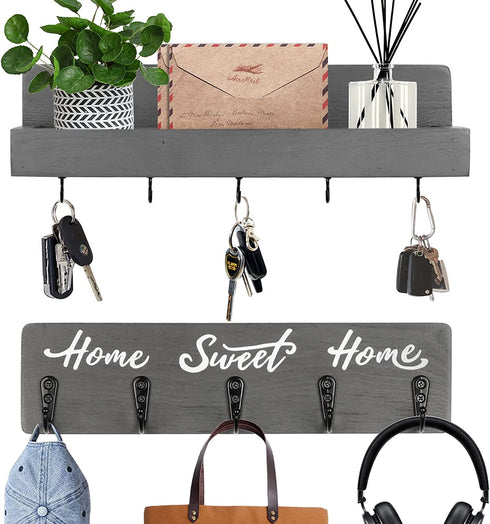 OurWarm 2 Pcs Key Holder for Wall Decorative with 10 Key Hooks, Wall Mounted Key Hangers for Wall with Mail Key Rack, Wooden Mail Organizer with Shelf, Rustic Home Decor for Entryway Hallway (Grey)