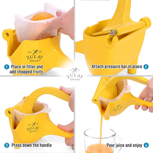 Zulay Fruit Manual Juicer- Heavy Duty Juice Press Squeezer with Detachable Lever & Removable Strainer - Fruit Press & Hand Juicer For Pomegranates, Lemons, Oranges, and More (Yellow)