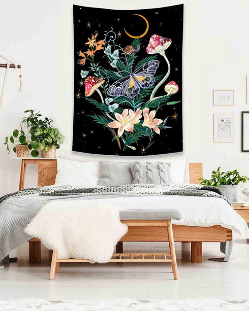Fowocu Butterfly and Flower Vertical Tapestry Wall Hanging, Moon and Stars Floral Tapestries, Black Wildflower Aesthetic Tarot Wall Tapestry for Bedroom Dorm Living Room (Black, 44'' × 60'')