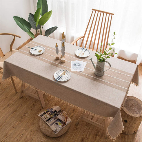 Fhberni Cotton Linen Stitching Tassel Tablecloth Embroidery Square Table Cover for Party Kitchen Dining Room Tabletop Decoration (Light Coffee, 55 x 55 Inch)