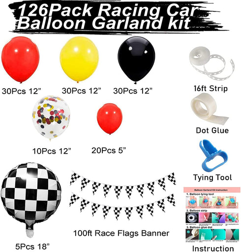 Racing Car Balloon Garland Kit, 126 Pcs Yellow Black Confetti Balloon Arch with 100ft Checkered Flags Banner Checkered Foil Balloons for Let's Go Racing Racing Car Party Decoration
