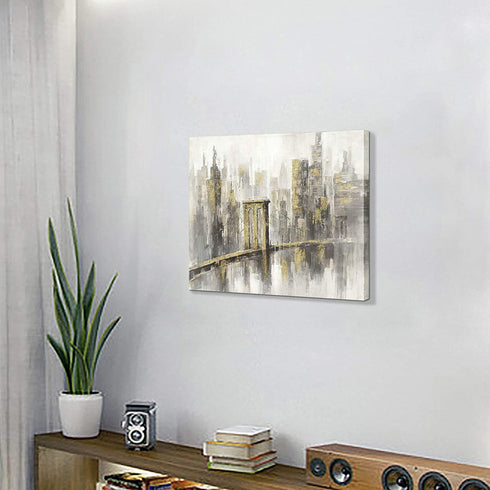 ARTISTIC PATH Modern City Canvas Wall Art: Abstract Cityscape Artwork Industrial Style Bridge Painting Prints for Bedroom (16" W x 12" H, Multi-Sized)