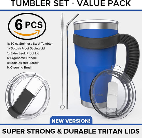 Stainless Steel Travel Mug with Handle 30 oz - 6 Piece Set. Tumbler with Handle, Straw, Cleaning Brush & 2 Lids. Double Wall Insulated Large Coffee Mug Bundle - Royal Blue Powder Coat Tumbler
